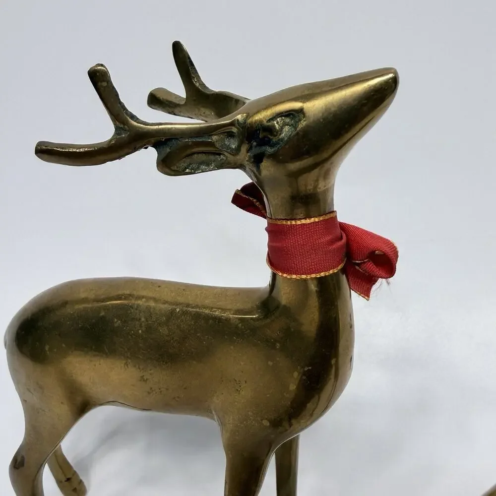 2 Vintage Brass Deer Figurines Buck Doe Reindeer Holiday Decor India MCM 6